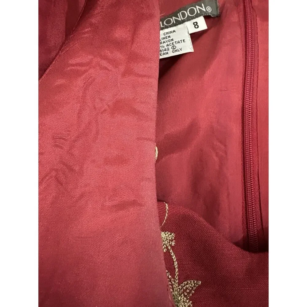 Vtg 90s Maggie London‎ Linen Blend Red Dress Sheath Embroidered Floral Sz 8 Y2K